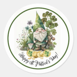 Pegatina Redonda Feliz Día de San Patricio. Gnomes irlandeses acuar