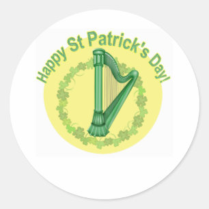 Pegatina Redonda Feliz Día de San Patricio Harp y Wreath