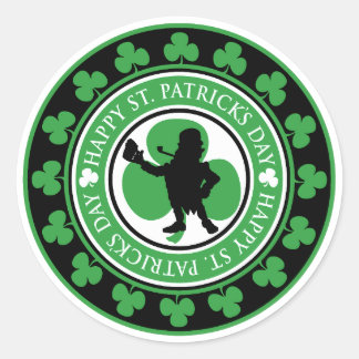 Pegatina Redonda Feliz Día de San Patricio, Leprechaun Shamrock
