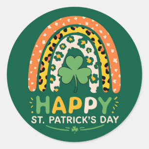 Pegatina Redonda Feliz día de San Patricio Lindos Leopardos Arcoíri