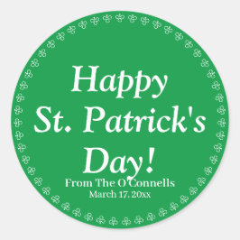 Pegatina Redonda Feliz Día de San Patricio personalizado verde tréb