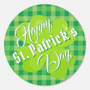 Pegatina Redonda Feliz día de San Patricio Tartán Verde Trébol de l