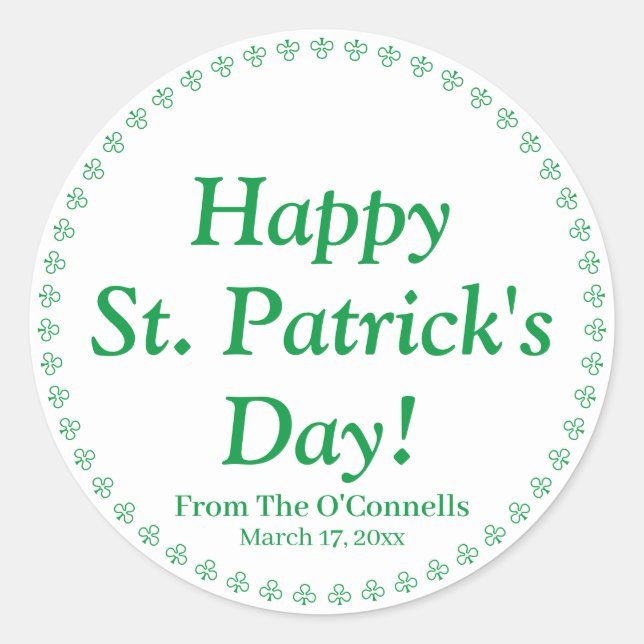 Pegatina Redonda Feliz Día de San Patricio, trébol de texto de pers (Anverso)