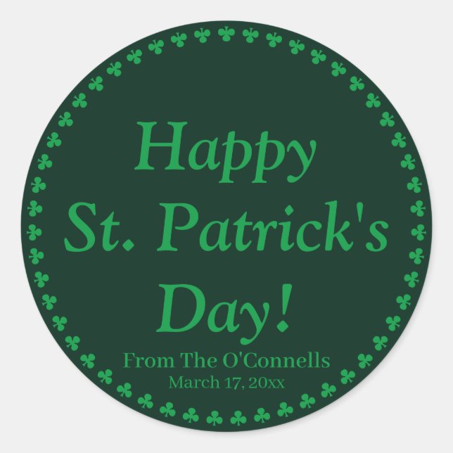 Pegatina Redonda Feliz día de San Patricio trébol verde texto perso (Anverso)