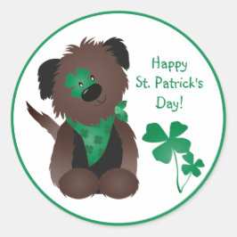 Pegatina Redonda Feliz Día de San Patrón Perro Cuatro Hojas Verde