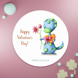 Pegatina Redonda Feliz día de San Valentín Aula Dinosaurio