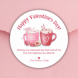 Pegatina Redonda feliz día de San Valentín, chocolate caliente rosa