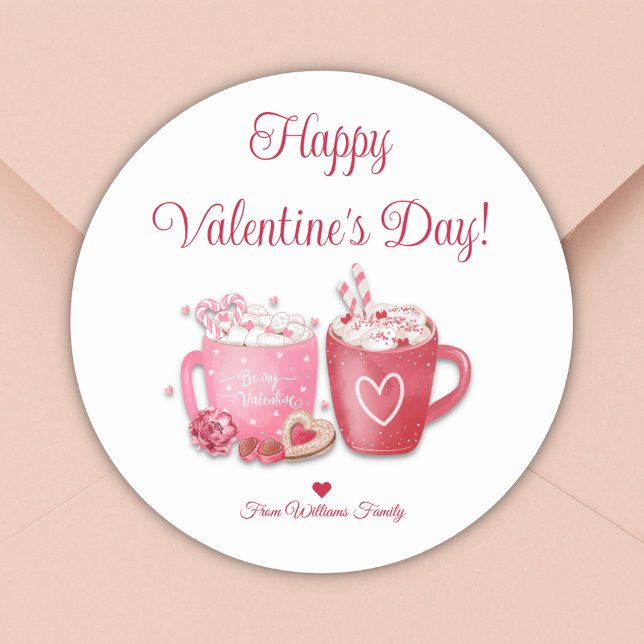 Pegatina Redonda feliz día de San Valentín, chocolate caliente rosa (Subido por el creador)