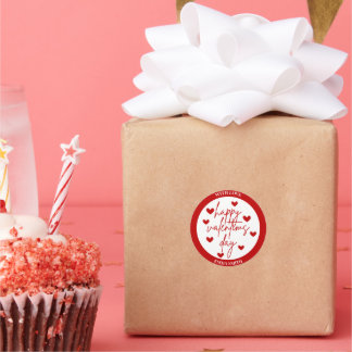 Pegatina Redonda Feliz Día de San Valentín con corazones rojos