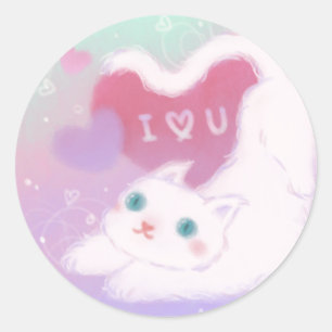 Pegatina Redonda Feliz día de San Valentín con gato blanco esponjos