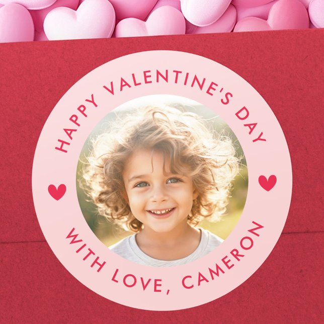 Pegatina Redonda Feliz día de San Valentín corazones lindos rosados (Happy Valentines day cute hearts red pink Classic Round Sticker)