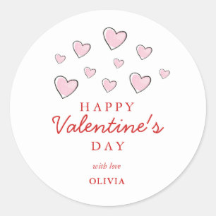 Pegatina Redonda Feliz día de San Valentín corazones rosados y blan