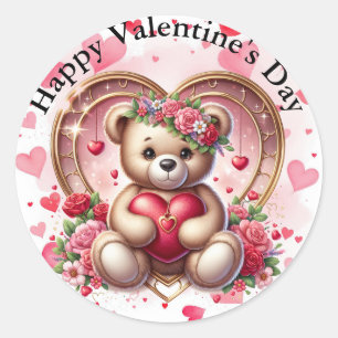 Pegatina Redonda Feliz Día de San Valentín Corazones y flores