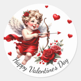 Pegatina Redonda Feliz Día de San Valentín cupido con corazones roj
