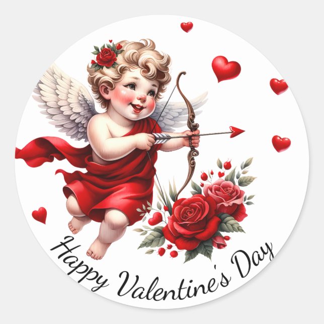 Pegatina Redonda Feliz Día de San Valentín cupido con corazones roj (Anverso)