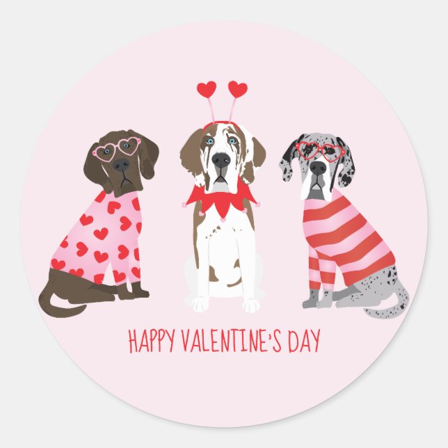 Pegatina Redonda Feliz Día de San Valentín grandes perros daneses (Anverso)