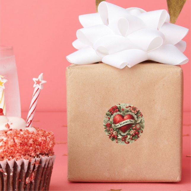 Pegatina Redonda Feliz Día de San Valentín, Ilustracion decorativo, (Fiesta)