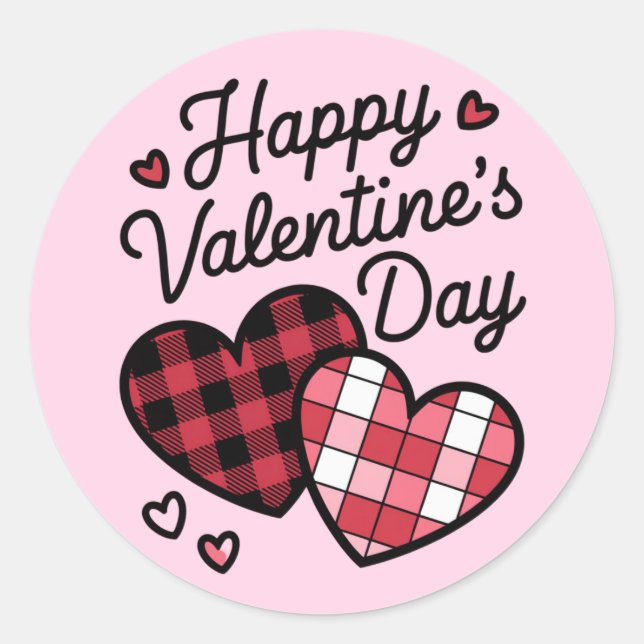 Pegatina Redonda Feliz Día de San Valentín Leopard Plaid Love Heart (Anverso)
