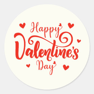 Pegatina Redonda Feliz Día de San Valentín Letra Elegante Corazones