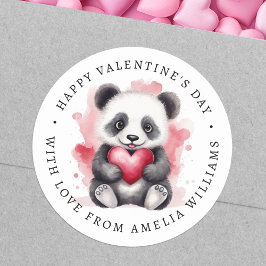 Pegatina Redonda Feliz día de San Valentín lindo panda con corazón