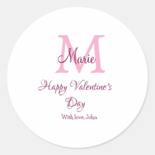 Pegatina Redonda Feliz día de San Valentín monograma nombre rosa am