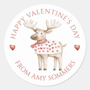 Pegatina Redonda Feliz Día de San Valentín, Moose acuarela