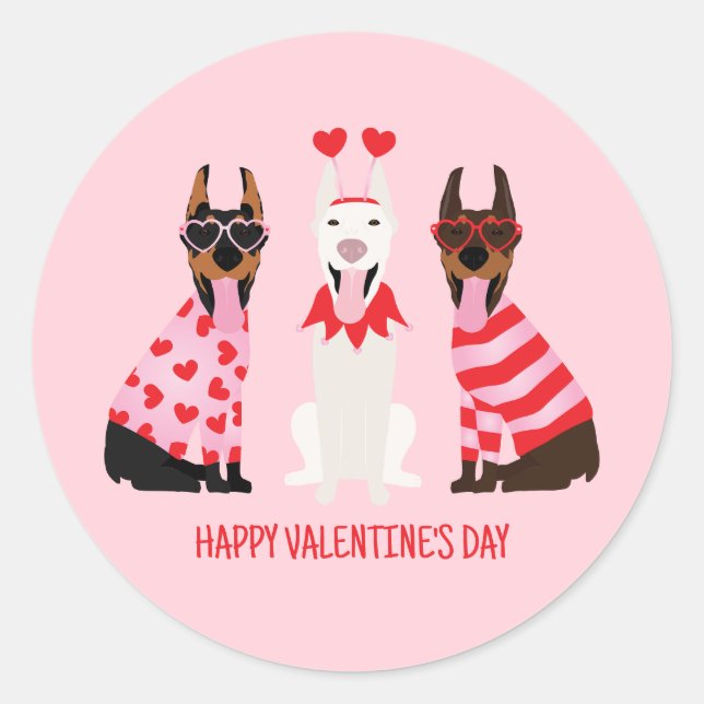 Pegatina Redonda Feliz Día de San Valentín Perros Dobermann (Anverso)