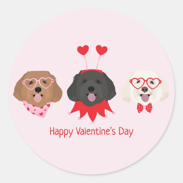 Pegatina Redonda Feliz Día de San Valentín Perros Maltipoo (Anverso)