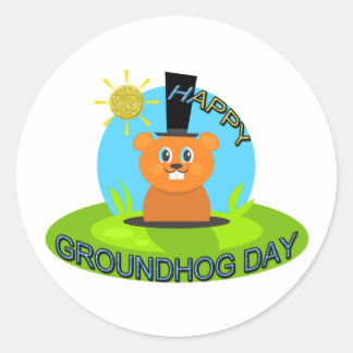 Pegatina Redonda Feliz Día del Groundhog Sunshine