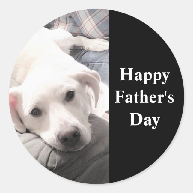 Pegatina Redonda Feliz Día del Padre, lindo perro perrito blanco pe (Anverso)