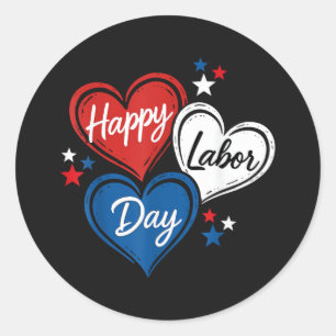 Pegatina Redonda Feliz Día del Trabajo Corazones Patrióticos Rojo B