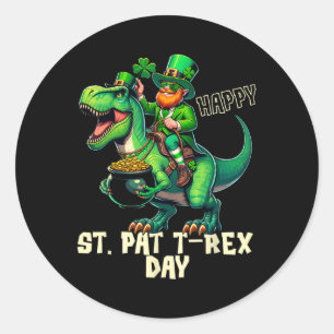 Pegatina Redonda Feliz Día del Trébol de St. Pat. Dinosaurios niños