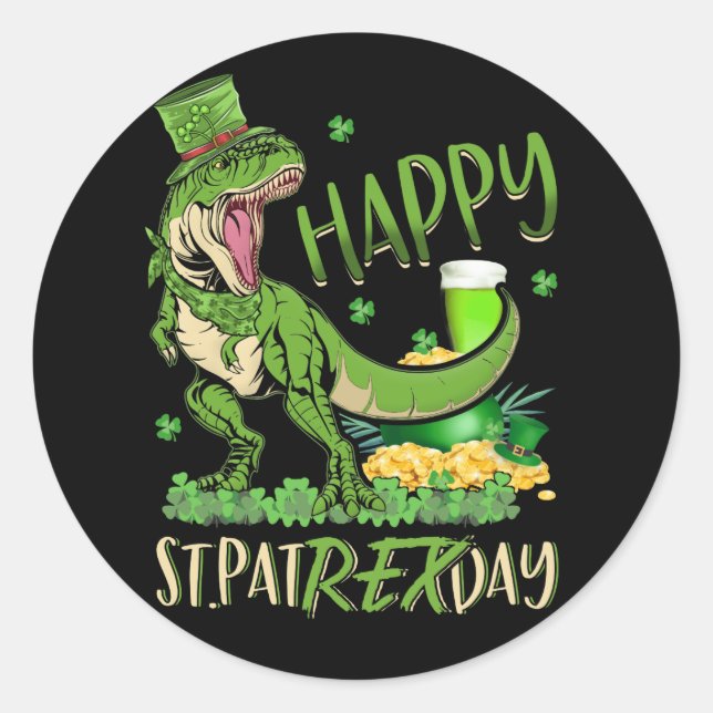 Pegatina Redonda Feliz Día St. Patrick del T-Rex (Anverso)