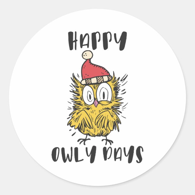 Pegatina Redonda Feliz Días de Búho Gracioso Santa Owl (Anverso)