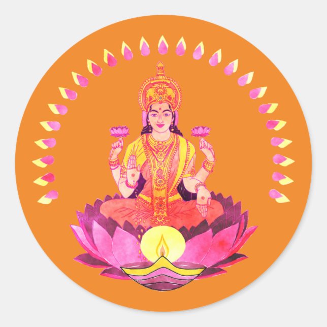 Pegatina Redonda Feliz Diwali - Diosa Deepalavi Lakshmi 1 (Anverso)