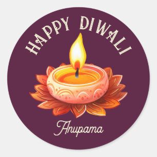 Pegatina Redonda Feliz Diwali Elegante lámpara Diya personalizable