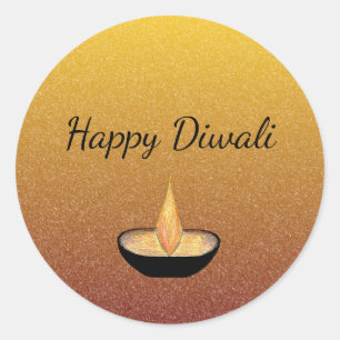Pegatina Redonda Feliz Diwali Gold Purpurina Diya Flame Lamp Elegan