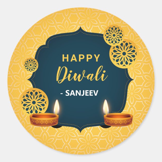 Pegatina Redonda Feliz Diwali / Pegatinas Deepavali - Oro indio (Anverso)