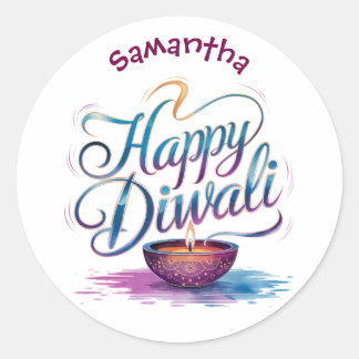 Pegatina Redonda Feliz Diwali personalizable blanco 