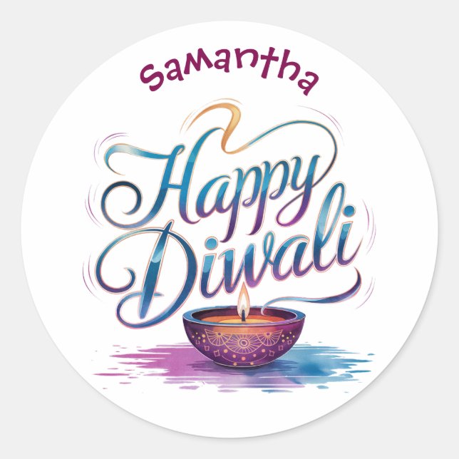 Pegatina Redonda Feliz Diwali personalizable blanco  (Anverso)