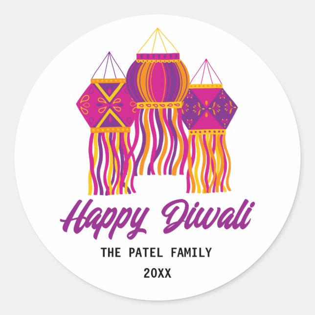 Pegatina Redonda Feliz Diwali Personalizado de farol rosa morado (Anverso)