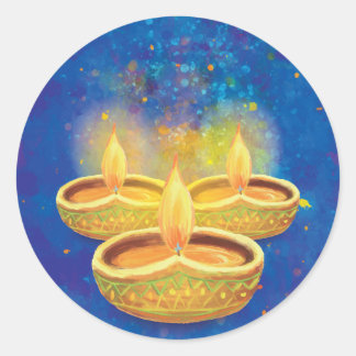 Pegatina Redonda Feliz Diwali pintado a mano iluminando velas