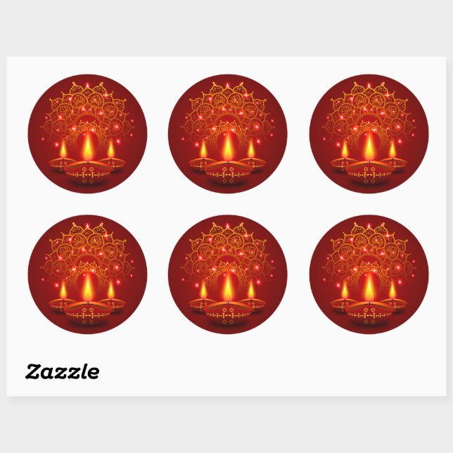 Pegatina Redonda Feliz Diwali Red Gold Sparkle Mandala Diya Candles (Hoja)