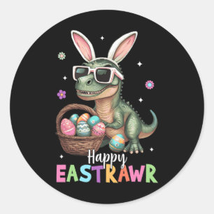 Pegatina Redonda Feliz Eastrawar T Rex Easter Bunny Dinosaur Eggs B