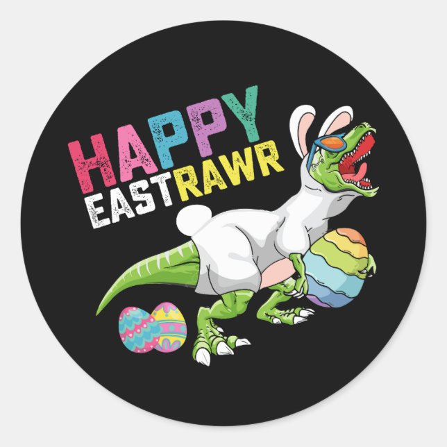Pegatina Redonda Feliz Eastrawr T Rex Dinosaur Easter Bunny Egg (Anverso)