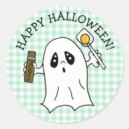 Pegatina Redonda Feliz Fantasma de Halloween con Candy
