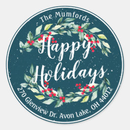 Pegatina Redonda Feliz feriado Feliz Navidad Holly Floral Dirección