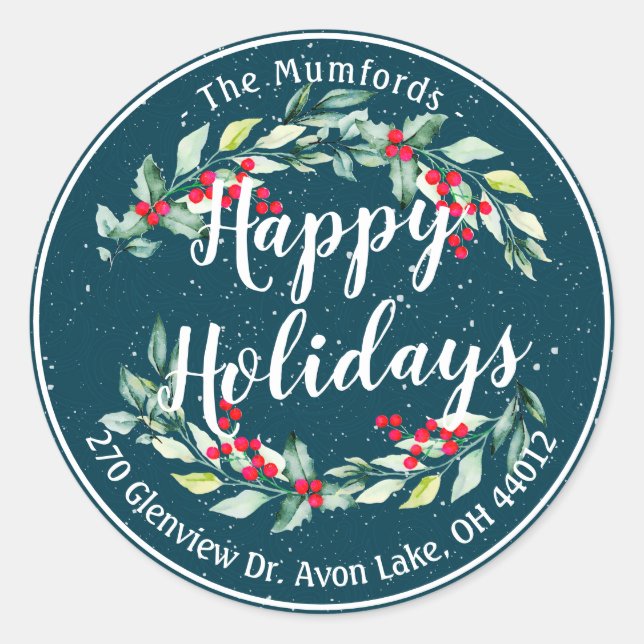 Pegatina Redonda Feliz feriado Feliz Navidad Holly Floral Dirección (Anverso)