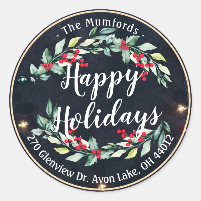 Pegatina Redonda Feliz feriado Feliz Navidad Holly Floral Dirección (Anverso)