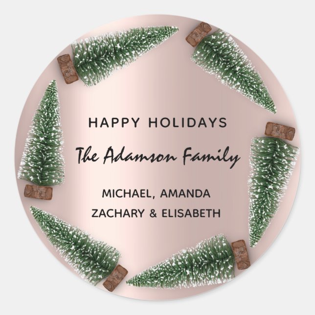 Pegatina Redonda Feliz feriado Feliz Rosa de nombre de árbol de nav (Anverso)